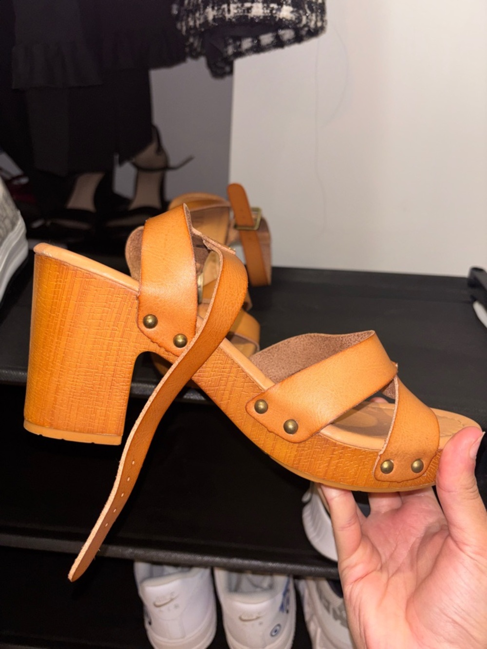 Women's Tan Platform Wedge Sandals with Stud Accents - Picture 5 of 5
